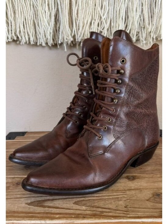 Nine West Shoes - 80s Vintage Nine West Brown Leather Lace Up Victorian Western Ankle Boots 8.5